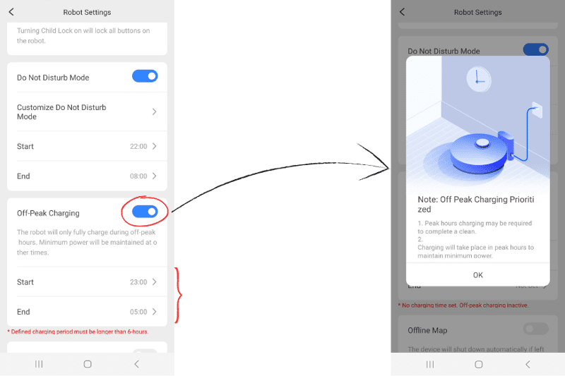 В приложении Roborock установлено, что робот должен заряжать батарею в непиковое время.